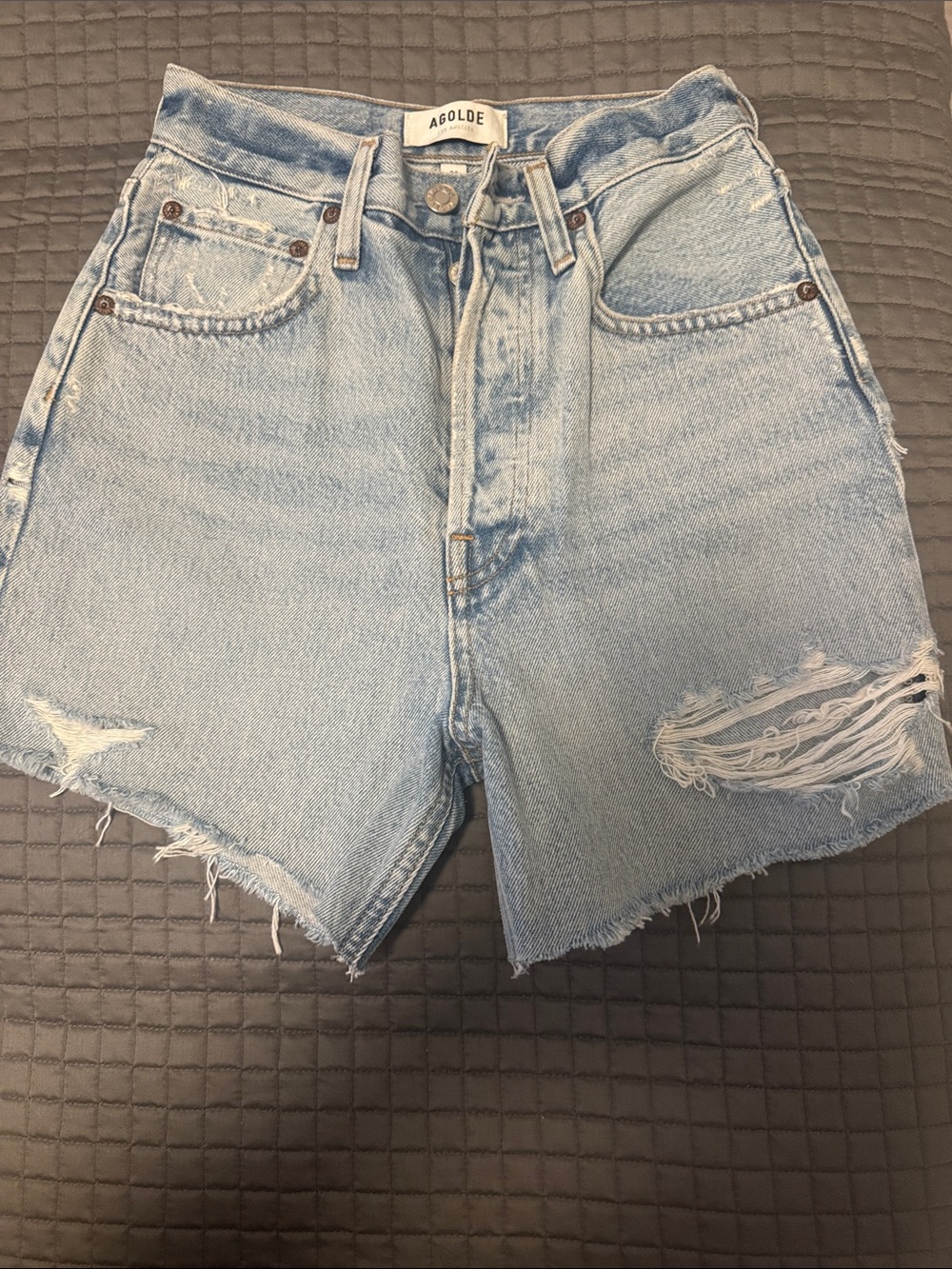 Agolde Riley Light Blue Distressed High-Rise Denim Shorts
